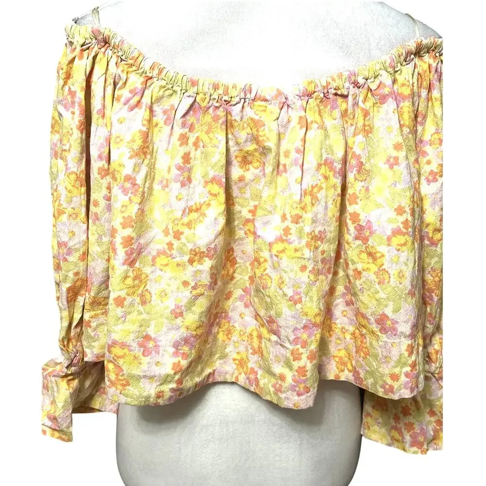 Free People Smocked Crop Top Off Shoulder Floral Button Front Multicolor W S NWT